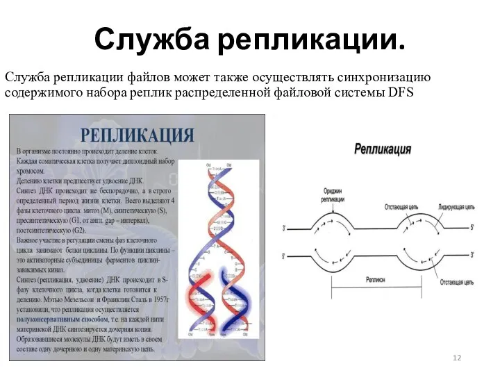 Служба репликации. Служба репликации файлов может также осуществлять синхронизацию содержимого набора реплик распределенной файловой системы DFS