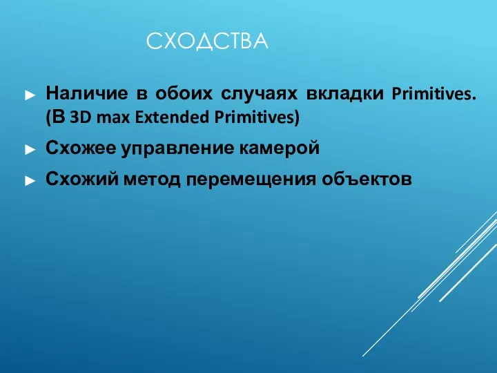 СХОДСТВА Наличие в обоих случаях вкладки Primitives. (В 3D max Extended