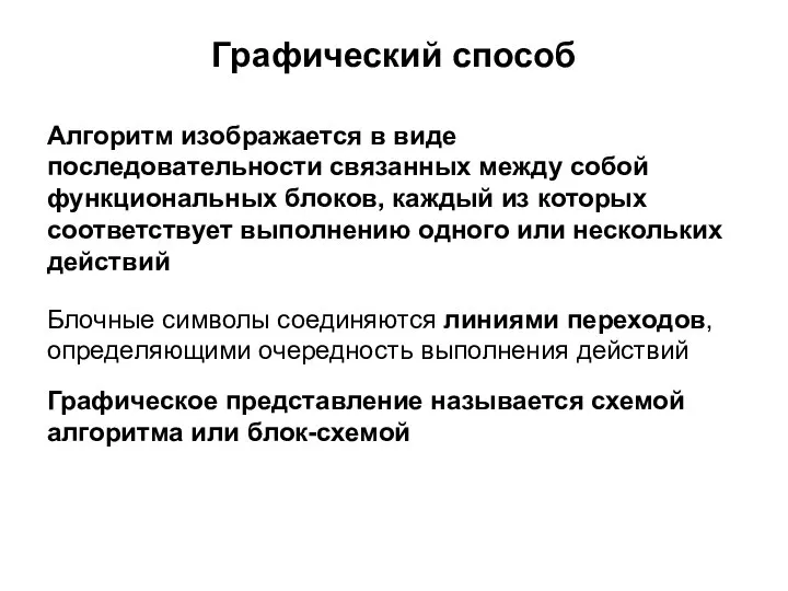 Графический способ Алгоритм изображается в виде последовательности связанных между собой функциональных