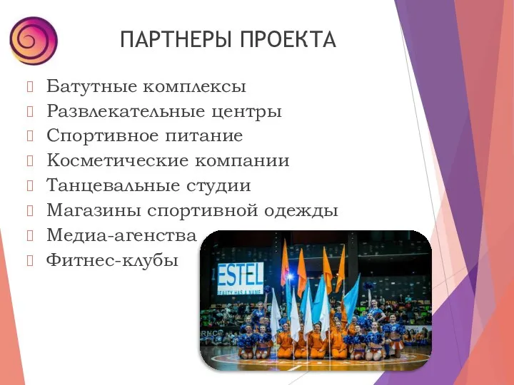 ПАРТНЕРЫ ПРОЕКТА Батутные комплексы Развлекательные центры Спортивное питание Косметические компании Танцевальные