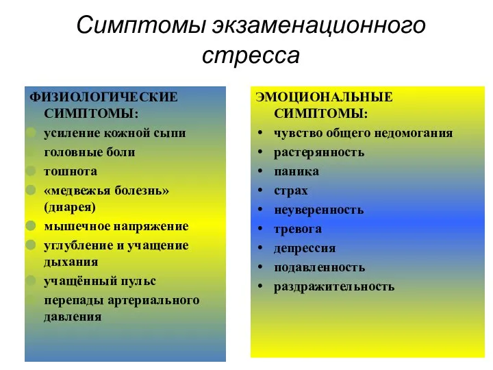 Симптомы экзаменационного стресса ФИЗИОЛОГИЧЕСКИЕ СИМПТОМЫ: усиление кожной сыпи головные боли тошнота