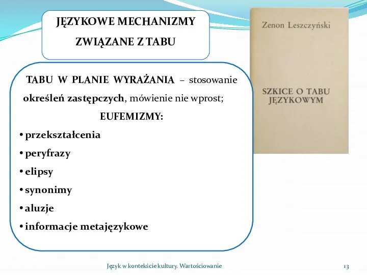 Język w kontekście kultury. Wartościowanie JĘZYKOWE MECHANIZMY ZWIĄZANE Z TABU TABU