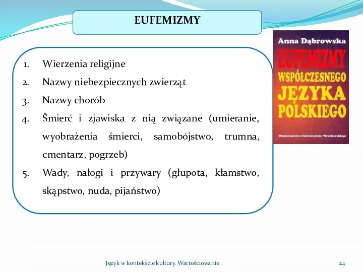 Język w kontekście kultury. Wartościowanie EUFEMIZMY Wierzenia religijne Nazwy niebezpiecznych zwierząt