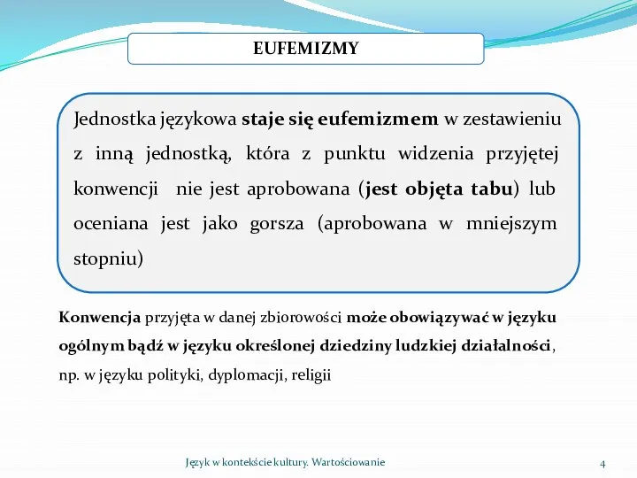 Język w kontekście kultury. Wartościowanie EUFEMIZMY Jednostka językowa staje się eufemizmem