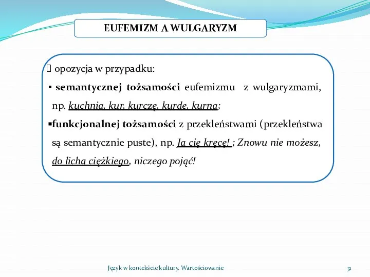 Język w kontekście kultury. Wartościowanie EUFEMIZM A WULGARYZM opozycja w przypadku: