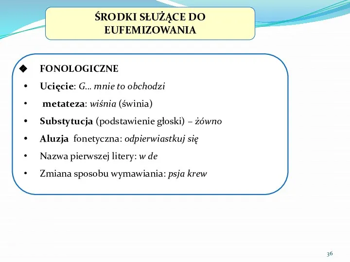 ŚRODKI SŁUŻĄCE DO EUFEMIZOWANIA FONOLOGICZNE Ucięcie: G… mnie to obchodzi metateza: