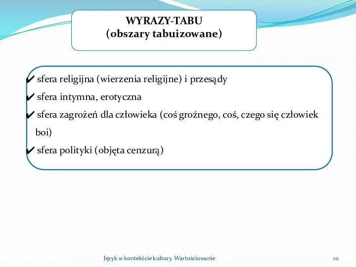 Język w kontekście kultury. Wartościowanie WYRAZY-TABU (obszary tabuizowane) sfera religijna (wierzenia