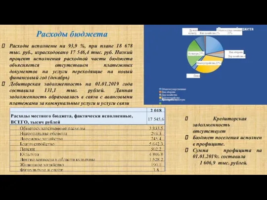 Расходы бюджета Расходы исполнены на 93,9 %, при плане 18 678