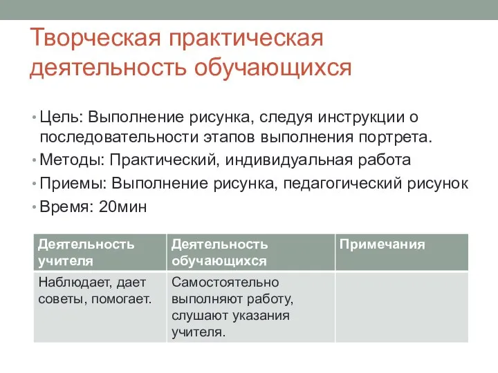 Творческая практическая деятельность обучающихся Цель: Выполнение рисунка, следуя инструкции о последовательности