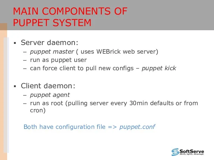 MAIN COMPONENTS OF PUPPET SYSTEM Server daemon: puppet master ( uses