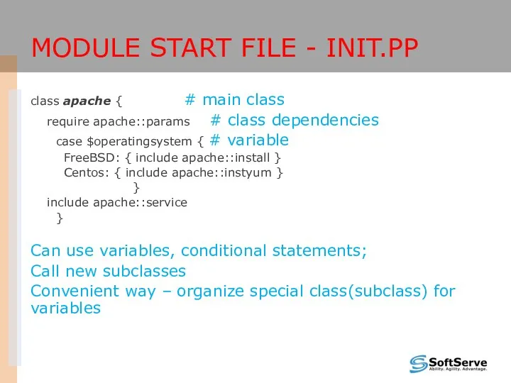 MODULE START FILE - INIT.PP class apache { # main class