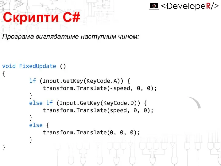 Програма виглядатиме наступним чином: Скрипти С# 0o 180o void FixedUpdate ()