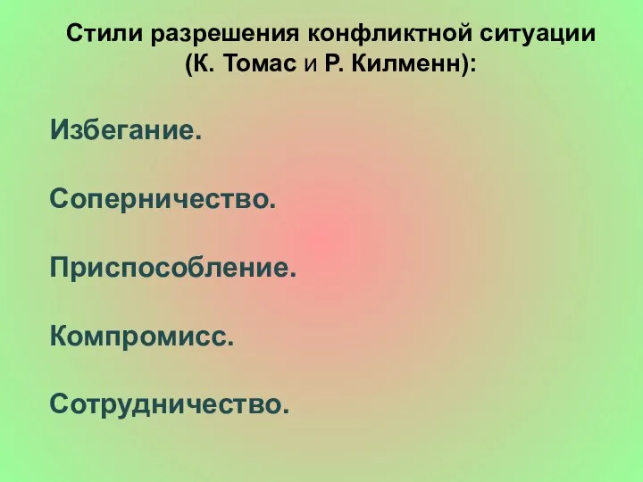 Стили разрешения конфликтной ситуации (К. Томас и Р. Килменн): Избегание. Соперничество. Приспособление. Компромисс. Сотрудничество.