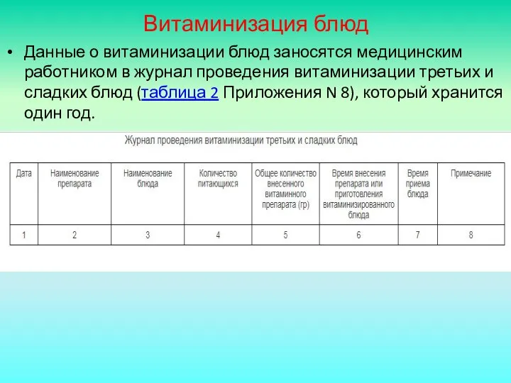 Витаминизация блюд Данные о витаминизации блюд заносятся медицинским работником в журнал