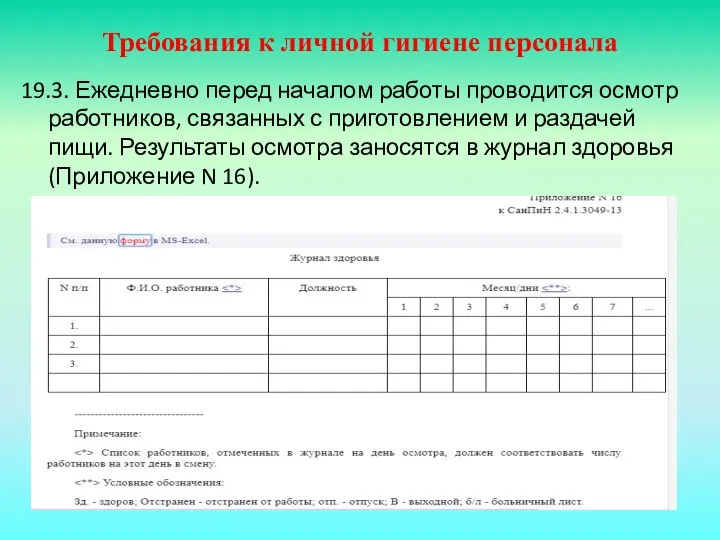 Требования к личной гигиене персонала 19.3. Ежедневно перед началом работы проводится