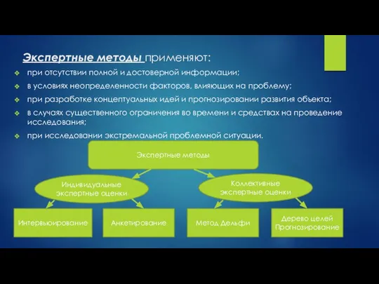 Экспертные методы применяют: при отсутствии полной и достоверной информации; в условиях