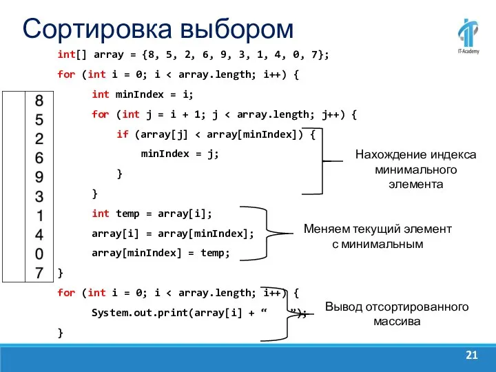 Сортировка выбором int[] array = {8, 5, 2, 6, 9, 3,