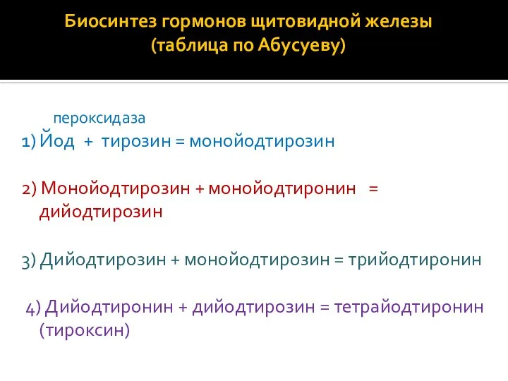 Биосинтез гормонов щитовидной железы (таблица по Абусуеву) пероксидаза 1) Йод +