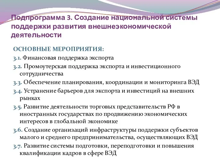 Подпрограмма 3. Создание национальной системы поддержки развития внешнеэкономической деятельности ОСНОВНЫЕ МЕРОПРИЯТИЯ: