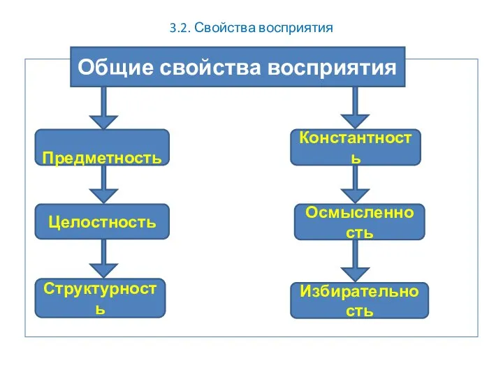 3.2. Свойства восприятия Общие свойства восприятия Предметность Целостность Структурность Константность Осмысленность Избирательность