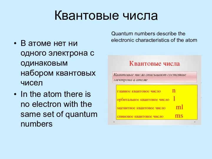 Квантовые числа В атоме нет ни одного электрона с одинаковым набором