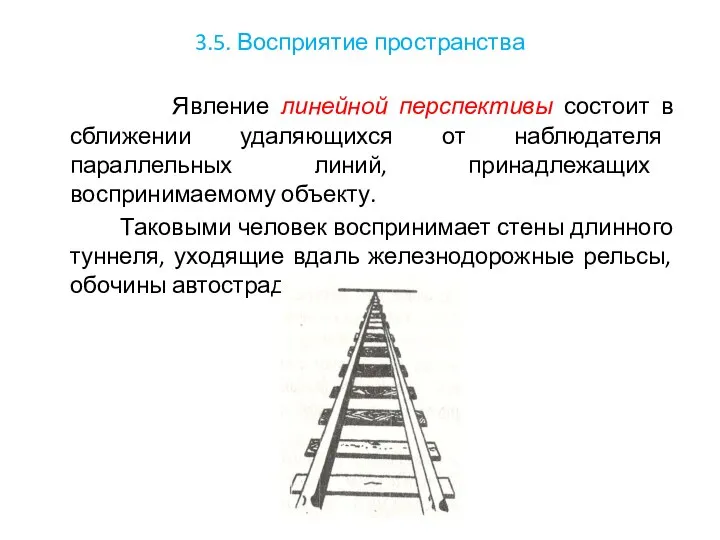 3.5. Восприятие пространства Явление линейной перспективы состоит в сближении удаляющихся от