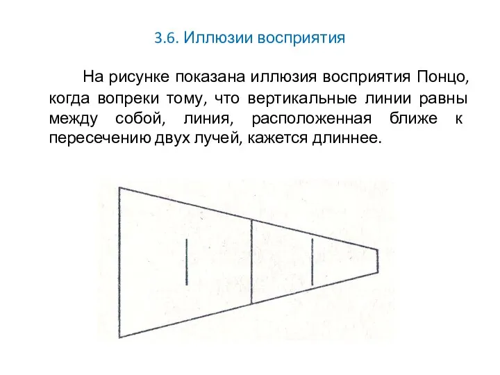 3.6. Иллюзии восприятия На рисунке показана иллюзия восприятия Понцо, когда вопреки