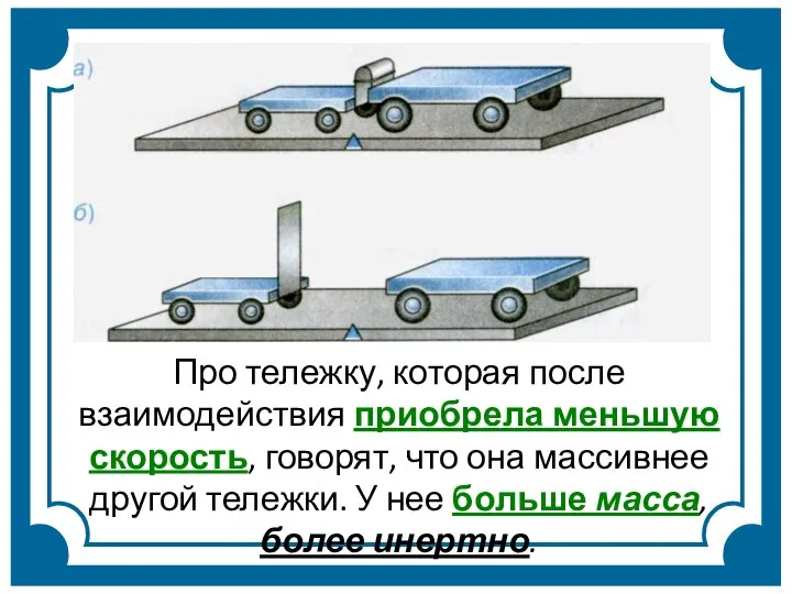 Про тележку, которая после взаимодействия приобрела меньшую скорость, говорят, что она