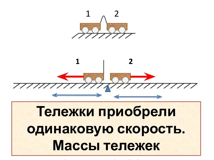 1 2 Тележки приобрели одинаковую скорость. Массы тележек одинаковые.