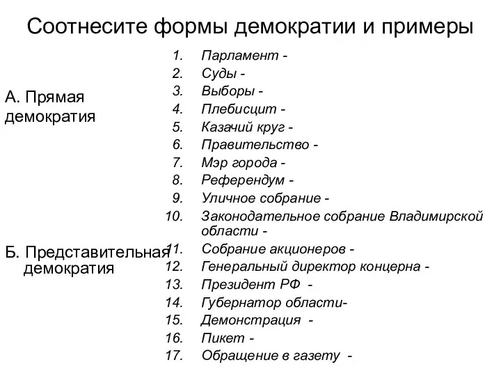 Соотнесите формы демократии и примеры А. Прямая демократия Б. Представительная демократия