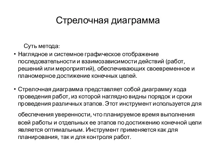 Стрелочная диаграмма Суть метода: Наглядное и системное графическое отображение последовательности и