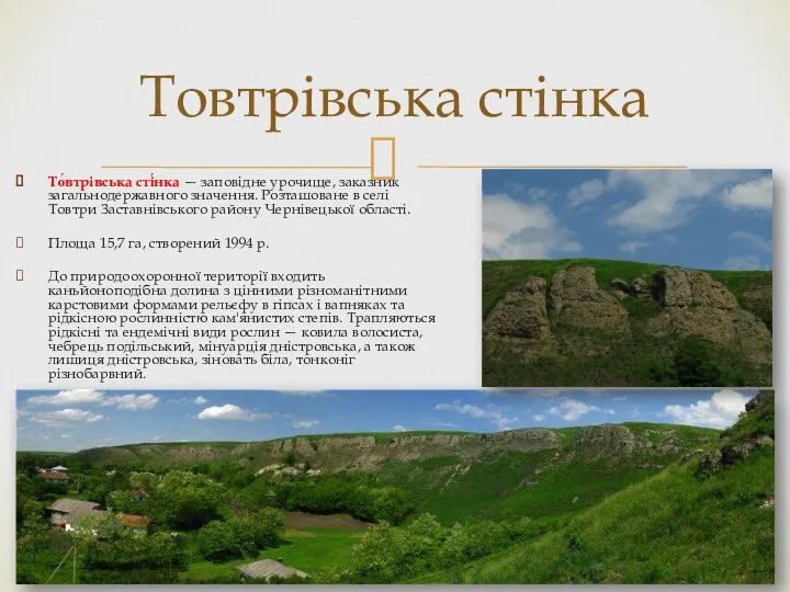 То́втрівська сті́нка — заповідне урочище, заказник загальнодержавного значення. Розташоване в селі