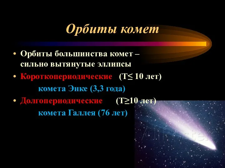 Орбиты комет Орбиты большинства комет – сильно вытянутые эллипсы Короткопериодические (Т≤