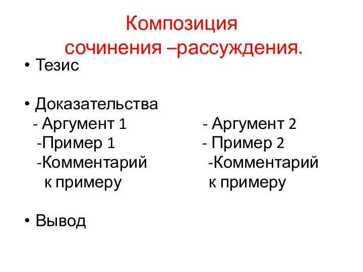 Композиция сочинения –рассуждения. Тезис Доказательства - Аргумент 1 - Аргумент 2