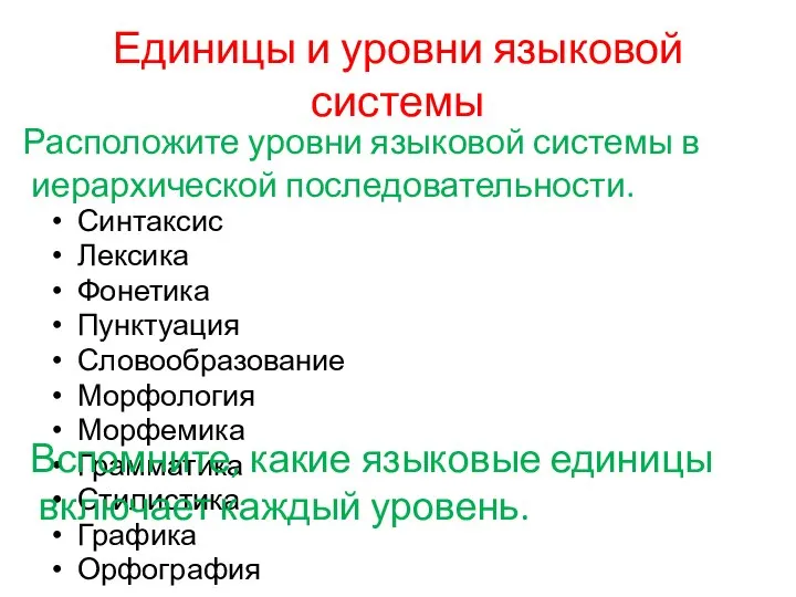 Единицы и уровни языковой системы Синтаксис Лексика Фонетика Пунктуация Словообразование Морфология