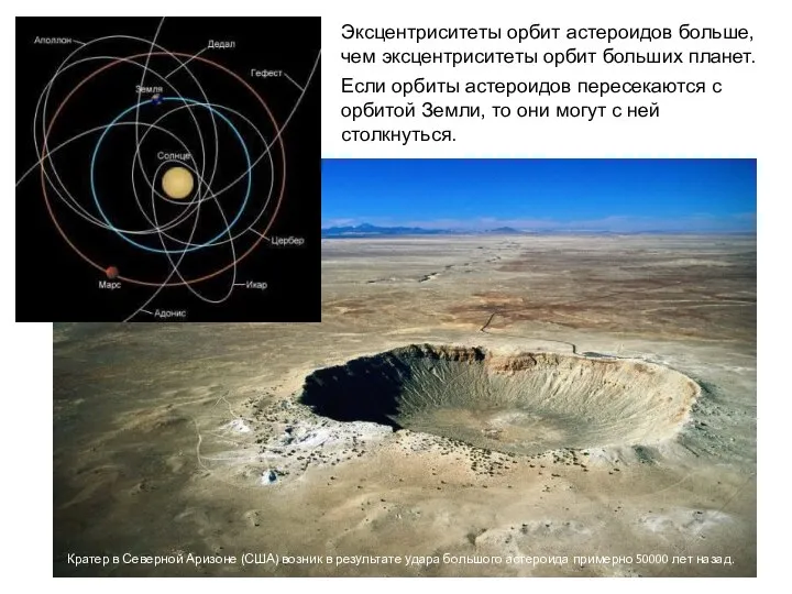 Эксцентриситеты орбит астероидов больше, чем эксцентриситеты орбит больших планет. Если орбиты