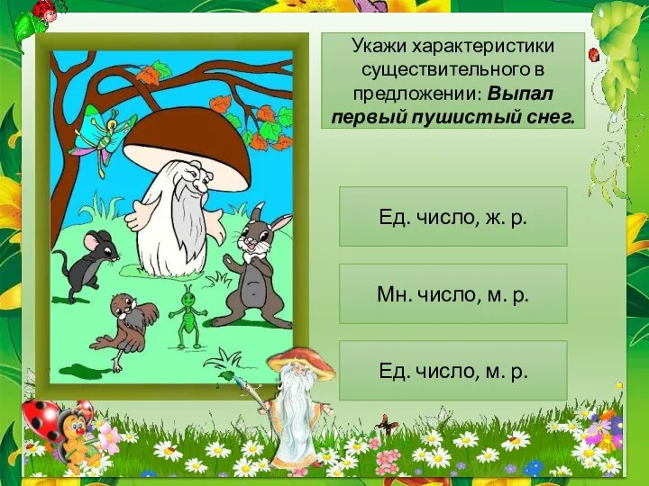 Укажи характеристики существительного в предложении: Выпал первый пушистый снег. Ед. число,