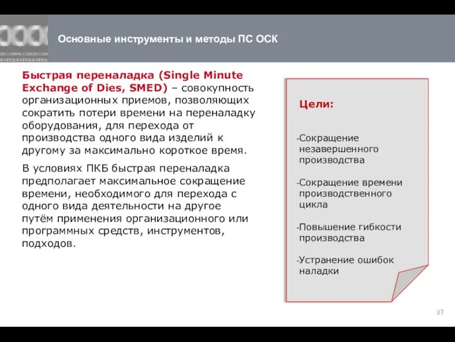 Основные инструменты и методы ПС ОСК Быстрая переналадка (Single Minute Exchange