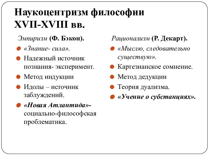 Наукоцентризм философии XVII-XVIII вв. Эмпиризм (Ф. Бэкон). «Знание- сила». Надежный источник