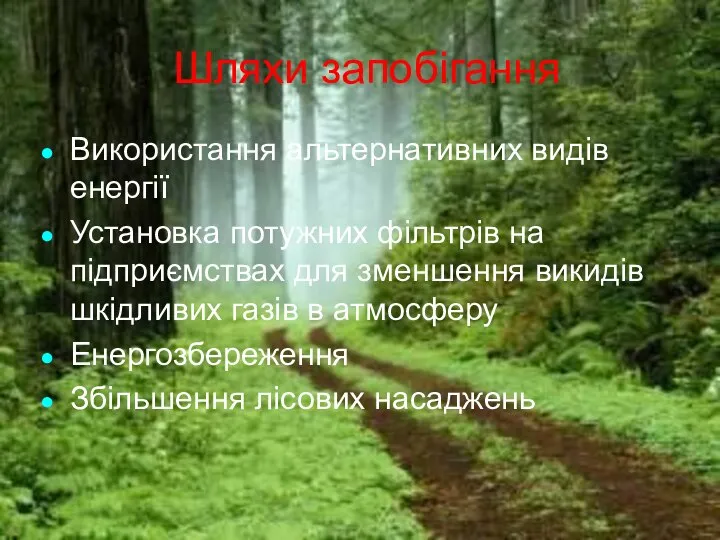 Шляхи запобігання Використання альтернативних видів енергії Установка потужних фільтрів на підприємствах