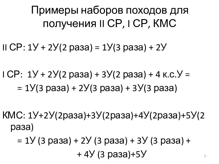 Примеры наборов походов для получения II СР, I СР, КМС II