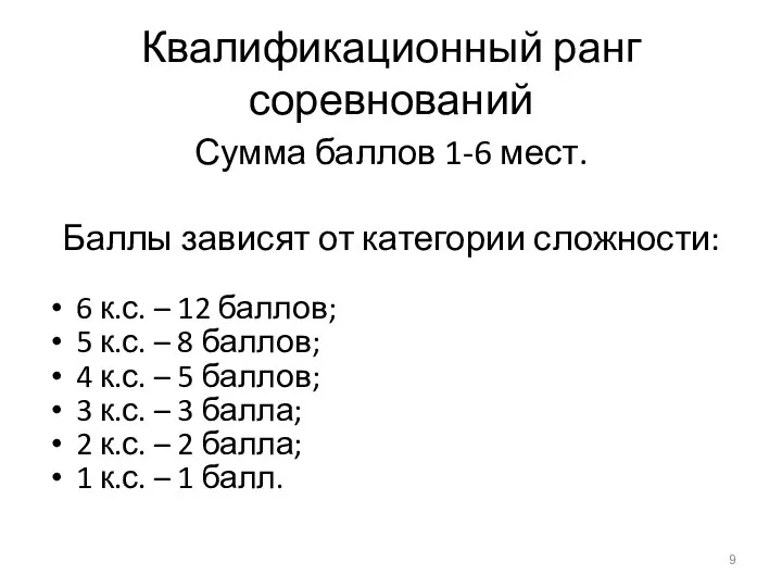 Квалификационный ранг соревнований Сумма баллов 1-6 мест. Баллы зависят от категории