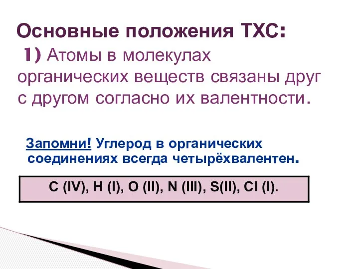 Основные положения ТХС: Запомни! Углерод в органических соединениях всегда четырёхвалентен. 1)