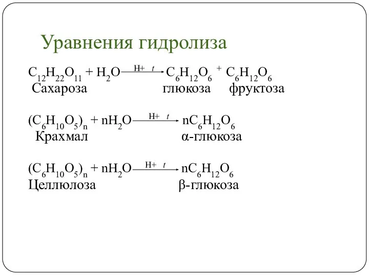 Уравнения гидролиза С12Н22О11 + Н2О Н+ t С6Н12О6 + С6Н12О6 Сахароза