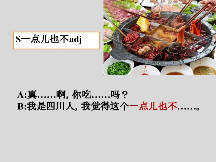 S一点儿也不adj A:真……啊，你吃……吗？ B:我是四川人，我觉得这个一点儿也不……。