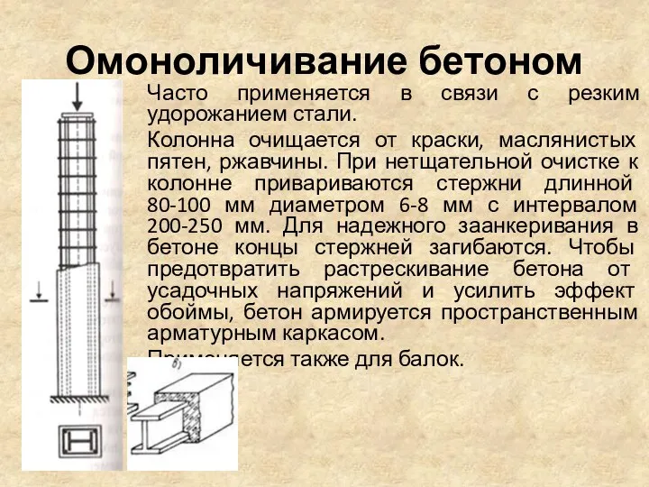 Омоноличивание бетоном Часто применяется в связи с резким удорожанием стали. Колонна