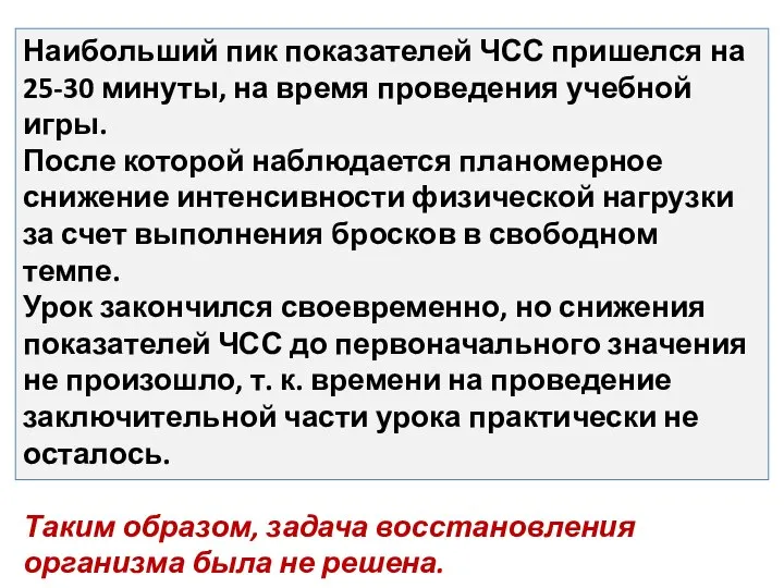 Наибольший пик показателей ЧСС пришелся на 25-30 минуты, на время проведения