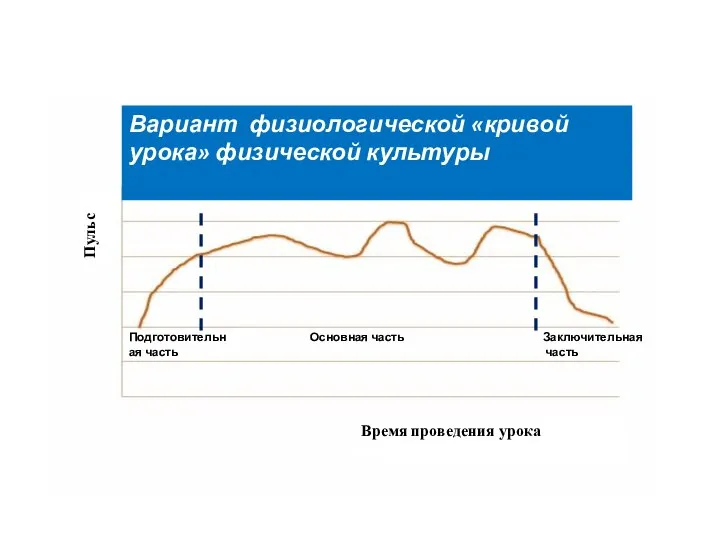 Вариант физиологической «кривой урока» физической культуры Пульс Время проведения урока Подготовительная часть Основная часть Заключительная часть