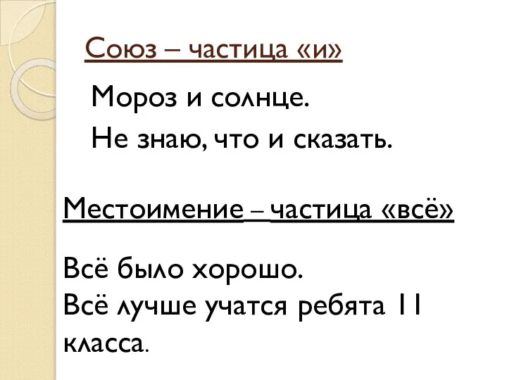 Союз – частица «и» Мороз и солнце. Не знаю, что и