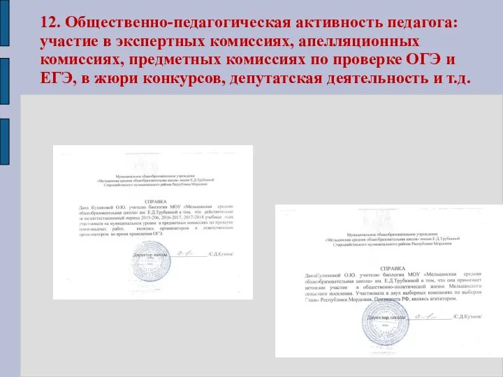 12. Общественно-педагогическая активность педагога: участие в экспертных комиссиях, апелляционных комиссиях, предметных